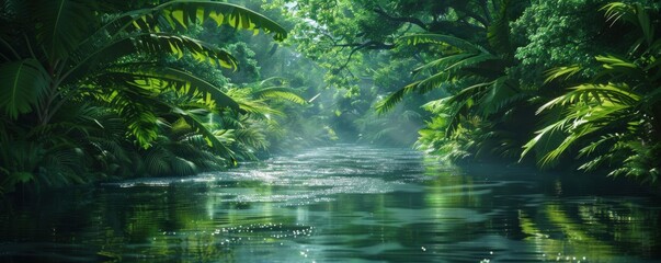 Sticker - River with a lush, green canopy overhead, 4K hyperrealistic photo,