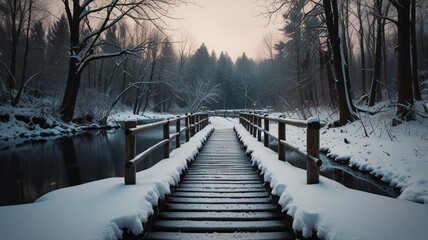 A wooden bridge covered in snow leads to a mysterious forest with a frozen river on each side.