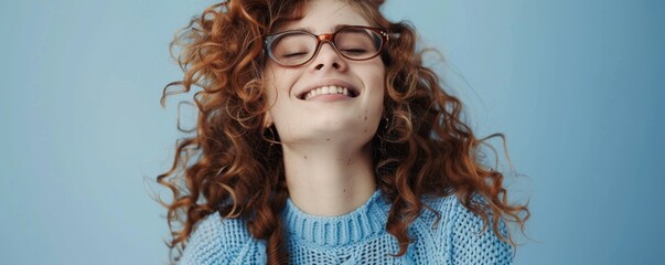 Wall Mural - Blue sweater-wearing woman with curly chestnut hair and glasses, smiling, 4K hyperrealistic photo