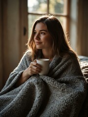 Young woman in a cozy gray blanket enjoying a warm drink in a sunlit room.