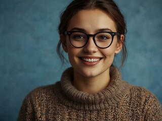 Wall Mural - Young woman in glasses smiling in a cozy sweater against a blue background.