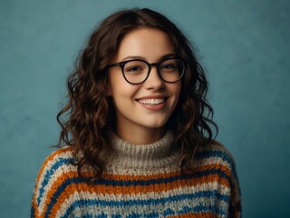 Wall Mural - Young woman in glasses smiling in a cozy sweater against a blue background.