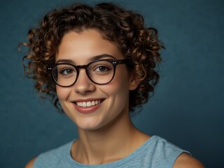 Wall Mural - Young woman with curly hair and glasses smiles brightly against a blue background.