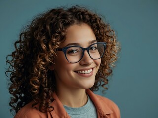 Wall Mural - Young woman with curly hair and glasses smiles brightly against a blue background.