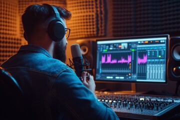 Leinwandbilder - The podcaster passionately speaks into a microphone while adjusting audio settings in a well-equipped studio environment. Generative AI