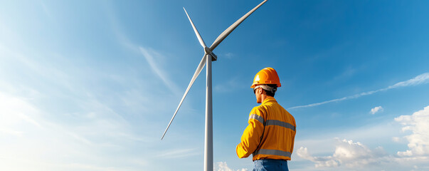 Wind turbine worker observing renewable energy environment