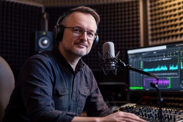 Leinwandbilder - The podcaster speaks passionately into the microphone while adjusting sound settings in the recording studio. Generative AI
