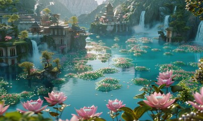 Wall Mural - Floating gardens of bioluminescent flora, casting a soft glow over peaceful villages nestled among shimmering waterfalls and crystalline lakes, 4K hyperrealistic photo