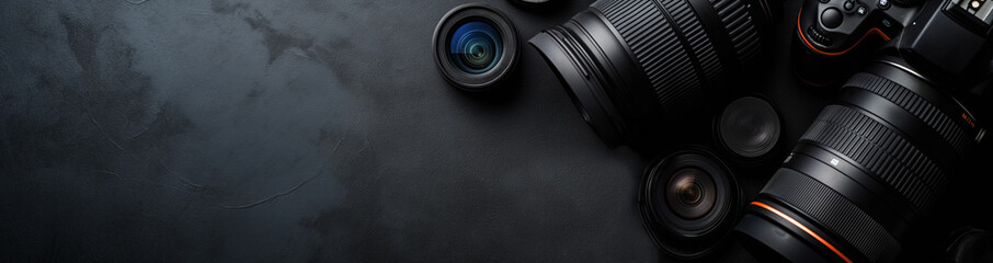 photographer's workplace with camera, camera and lens on a dark table background. travel photography
