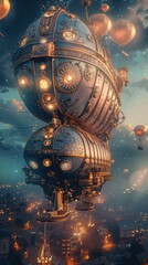 Poster - Steampunk airship adorned with brass and gears, soaring amidst balloon-lit skies, 4K hyperrealistic photo