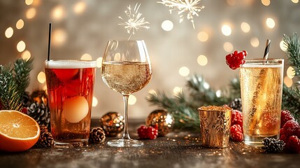 New Year Eve celebration beautifully decorated table, sparkling fireworks blurred background festive drinks