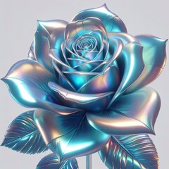 Wall Mural - glowing metallic iridescent light blue rose on a white background