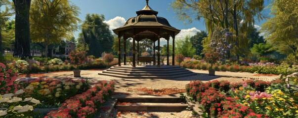 Canvas Print - Park with a historic bandstand and flowerbeds, 4K hyperrealistic photo,