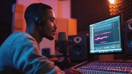 Leinwandbilder - The podcaster engages with the audience, speaking into a microphone while monitoring audio levels on the computer screen. Generative AI