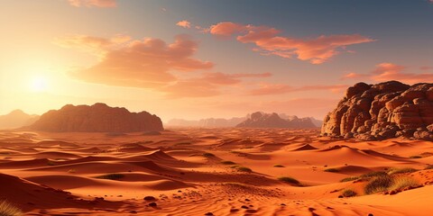 Sticker - A Vast and Serene Desert Landscape Under a Golden Sky with Rolling Sand Dunes and Striking Rock Formations