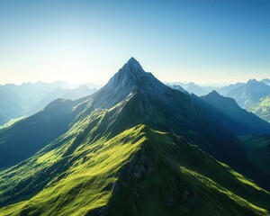 Panoramic mountain landscape with detailed peaks and valleys, clear sky above Midday lighting enhances textures and colors, wideangle view for a sense of scale