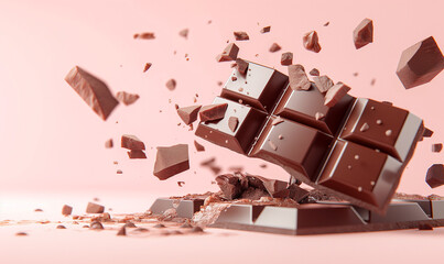 Chocolate bar on a bright colored background. Flying dark chocolate pieces. Sweets.