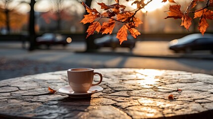 Canvas Print - A solitary cup of coffee rests on a stone table, bathed in the warm glow of a setting sun, as autumn leaves dance in the breeze above.