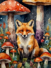 Wall Mural - whimsical fox watercolor sitting among colorful mushrooms.