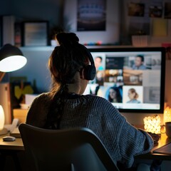 Aufkleber - Young Adult Working at Desk in Dimly Lit Room