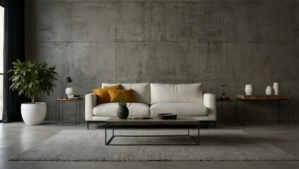 Wall Mural - White sofa in a modern living room with concrete walls.