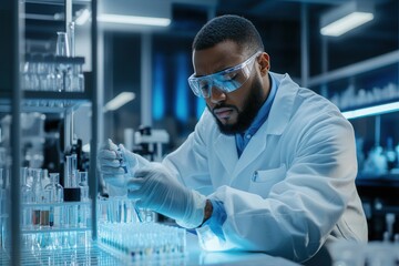 Poster - A scientist wearing a lab coat, gloves, and protective glasses carefully handles test tubes in a high-tech laboratory environment. Generative AI