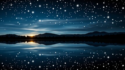 Canvas Print - A Serene Night Sky Reflected in the Still Waters of a Calm Lake with a Distant Horizon of Silhouette Mountains