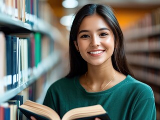 A young woman with long dark hair grins while holding a book open in her hands, standing in a library environment filled with vibrant bookshelves.