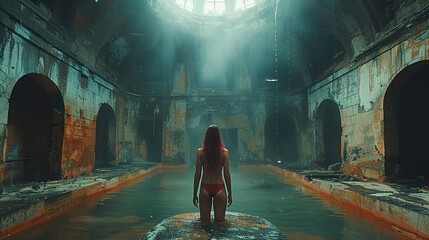 Canvas Print - Woman in an Abandoned Pool: A Surreal Architectural Dream