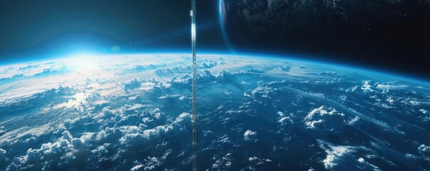 Wall Mural - space elevator concept connecting earth to geostationary orbit, 4k hyperrealistic photo