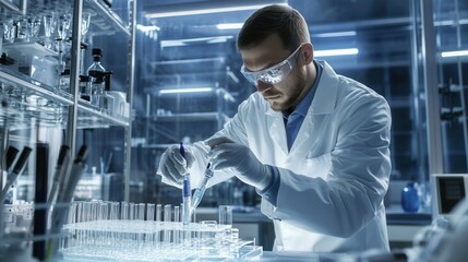Poster - The scientist carefully manages test tubes and samples in a modern laboratory, focused on conducting important research. Generative AI