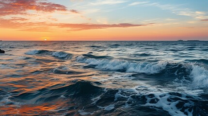 Poster - Golden Hues Reflecting on the Ocean's Crest, a Serene Sunset Painting the Water with Vibrant Color