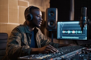 Leinwandbilder - The podcaster is intently speaking into a microphone while adjusting audio levels on a mixing console in a modern studio. Generative AI