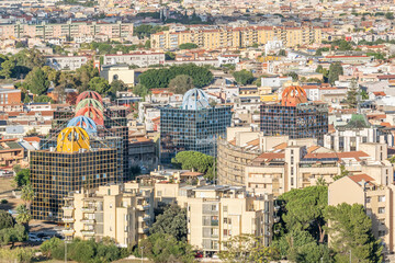 Aerial view of modern glass buildings in Cagliari, Italy, in the Monreale and Pirri area