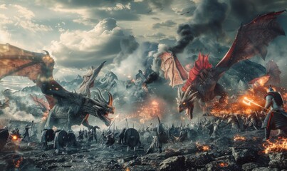 Epic battle scene with Viking warriors fighting alongside dragons against a common enemy, fire-breathing dragons lighting up the battlefield