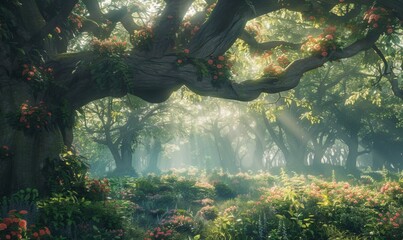 Poster - Elven woodland haven beneath shimmering canopies, 4K hyperrealistic photo