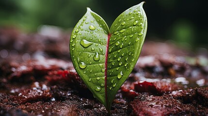 Wall Mural - A single green leaf, glistening with raindrops, emerges from the rich, dark earth, a symbol of new life and the resilience of nature.