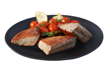 highlight the fresh, delicate texture of a blue fish fillet with cherry tomatoes on a plate. perfect