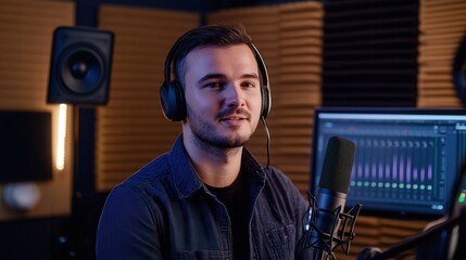 Poster - A podcaster wearing headphones speaks confidently in a contemporary studio setup, focusing on the recording equipment and audience interaction. Generative AI
