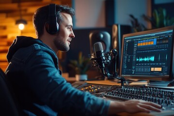 Leinwandbilder - A podcaster passionately discusses topics while adjusting audio settings in a contemporary studio setup with vibrant lighting. Generative AI
