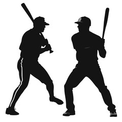 Baseball Silhouettes:  A dramatic black and white silhouette image of two baseball players facing off, ready for the pitch.  Perfect for sports, competition, and strategy themes. 