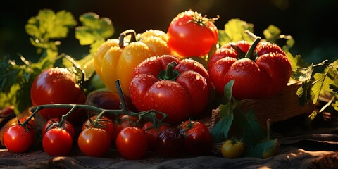 Poster - A Collection of Dew-Kissed Tomatoes and Bell Peppers Basking in the Golden Glow of the Setting Sun