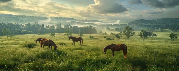 Sticker - Horses in a green pasture, 4K hyperrealistic photo,