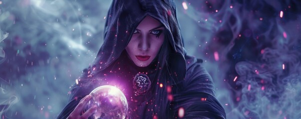 Wall Mural - Wicked sorceress with a crystal orb revealing glimpses of the future, 4K hyperrealistic photo