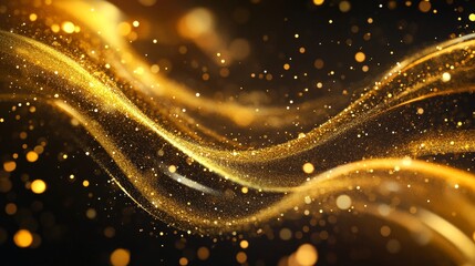 Wall Mural - Elegant golden waves with sparkling glitter against a dark background, creating a mesmerizing visual experience.