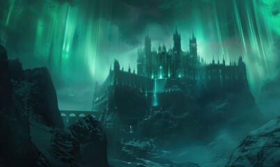 Wall Mural - sorcerer's citadel veiled in shimmering auroras, 4k hyperrealistic photo