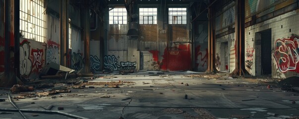 Deserted warehouse with graffiti-covered walls and scattered debris, 4K hyperrealistic photo,