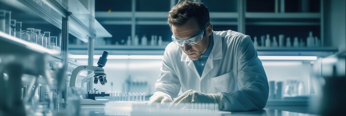 Poster - The scientist meticulously handles test tubes and samples in a well-equipped laboratory, focusing intently on the task at hand. Generative AI