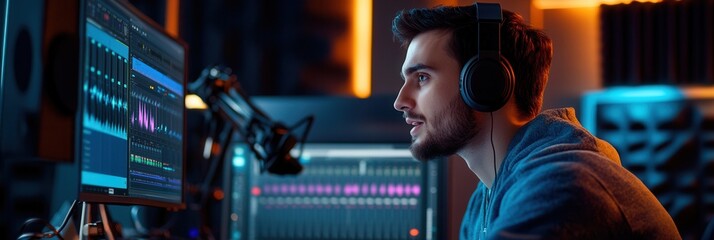 Leinwandbilder - A podcaster wearing headphones speaks passionately at a computer in a well-lit studio, focused on creating engaging content. Generative AI
