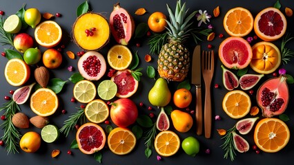 Fresh Fruits Food banner,Colorful arrangement Healthy fruits. Top view. Fruit pattern Assortment of healthy Fruits landscaspe banner on dark background. Organic vegetables fruits background.